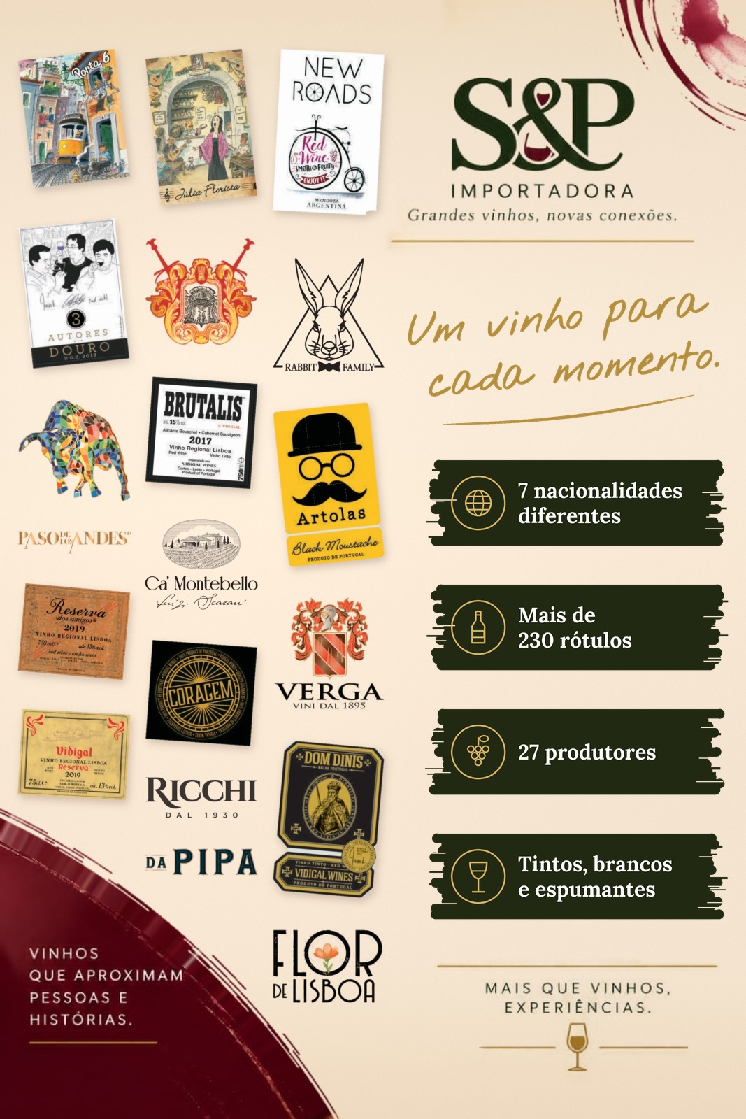 Rótulos dos vinhos do catálogo ao lado da marca S&P Importadora, da frase Um vinho para cada momento e de quatro selos: 7 nacionalidades diferentes, mais de 230 rótulos, 27 produtores, tintos, brancos e espumantes
